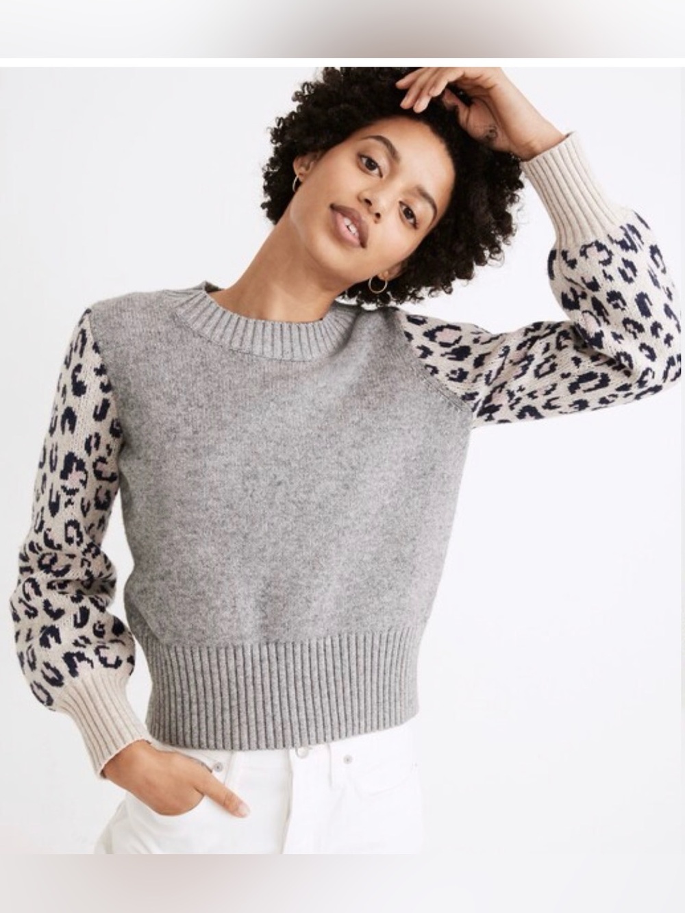 Madewell Women’s Leopard Sleeve Merino Wool/Cotton Crewneck Sweater Size Medium